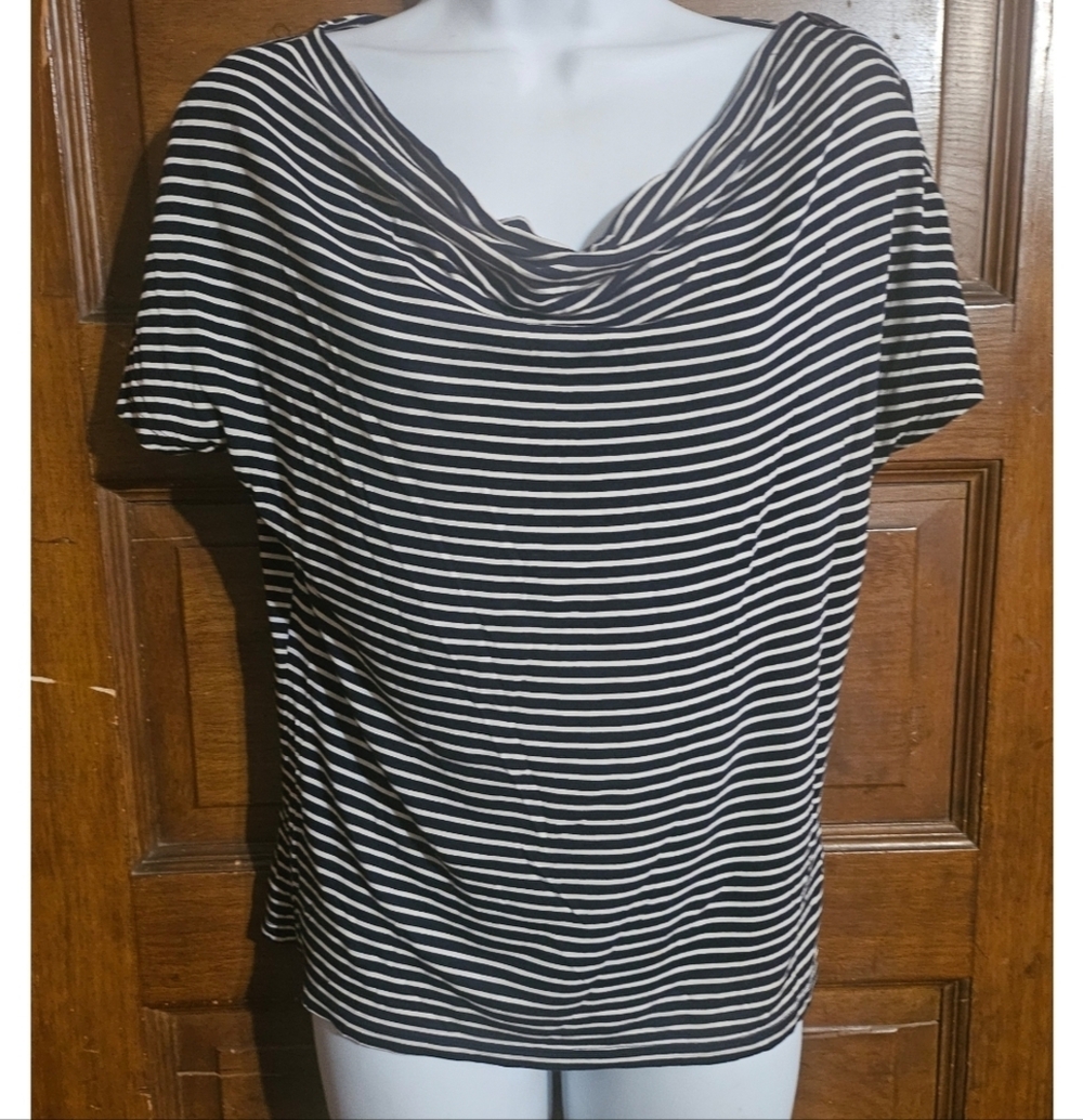 Talbots Petite Striped One Shoulder Buttons Top
